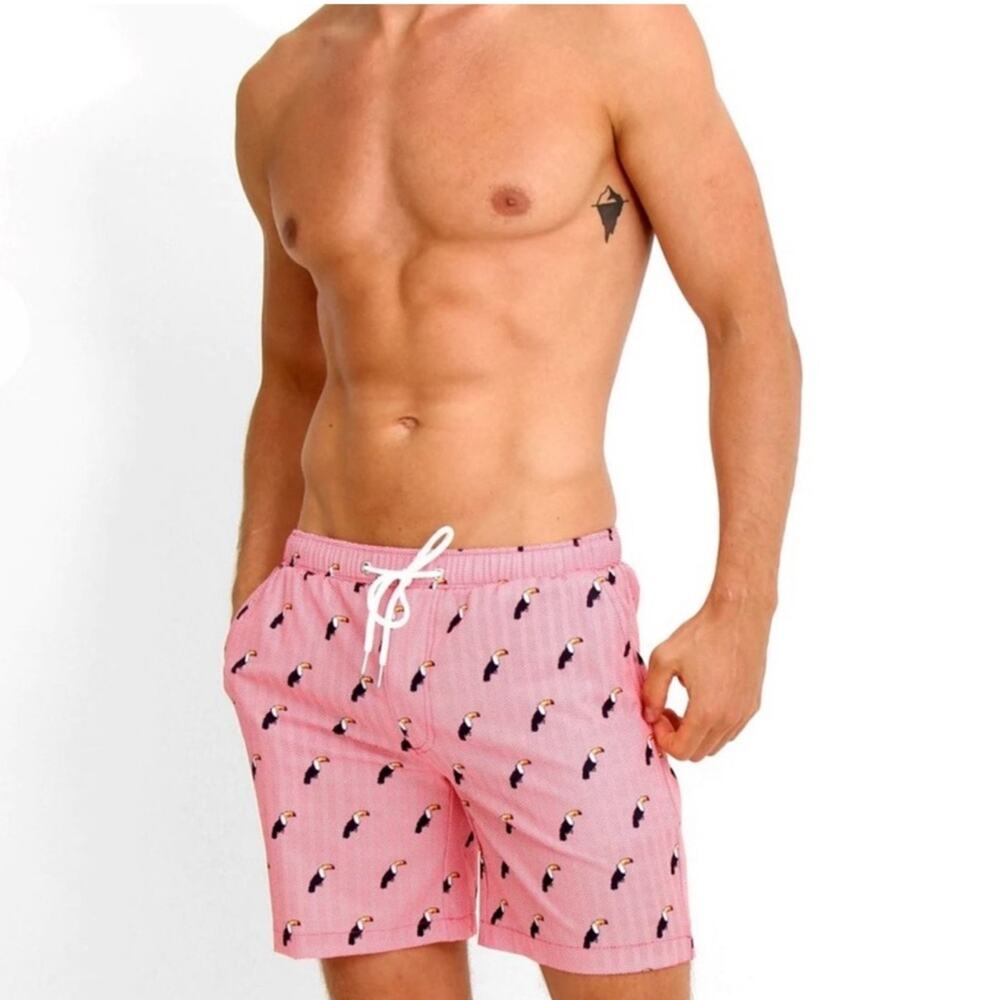 Men's Pink Toucan Print Swim Trunks